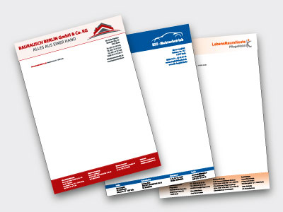 Beispielbilder von fertigen Projekten des Leistungsspektrums Drucksachen: Briefbogen von Geschäftskunden.
